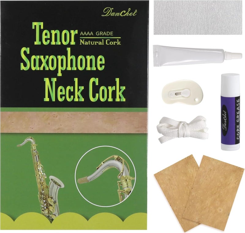 Danchet Tenor Saxophone Cork Replacement Kit,Tenor Sax Accessories,2 pcs Saxophone Cork, Glue, Cork Grease, Knife, Taping, and Sandpaper - Image 1